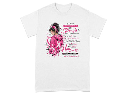 White t-shirt with "I AM STRONGER THAN I EVER IMAGINED" and survivor text.