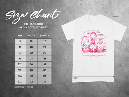 GILDAN 5000 Heavy Cotton T-shirt size chart with width and length measurements in inches.