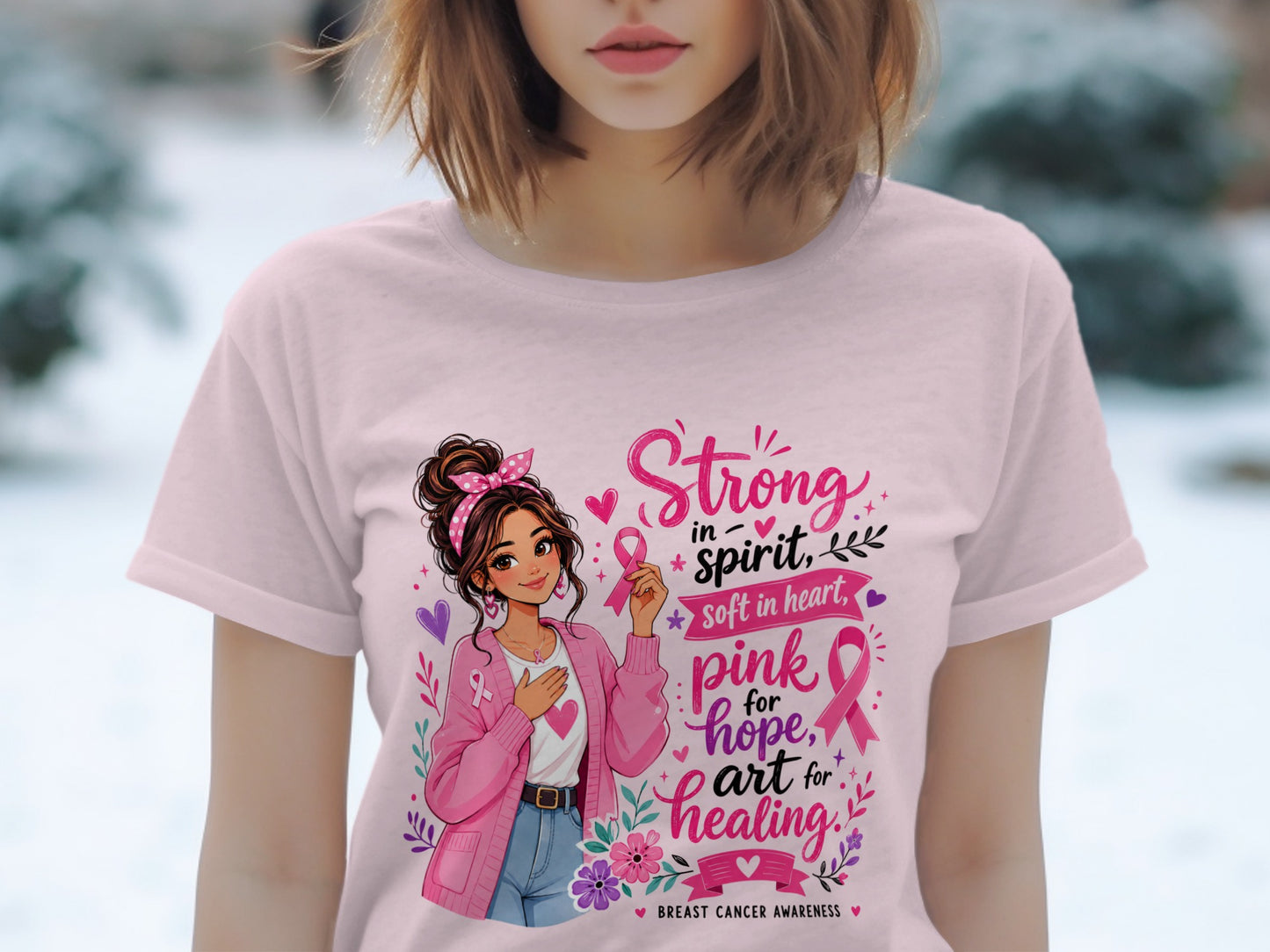 Pink t-shirt with illustration and text for Breast Cancer Awareness.