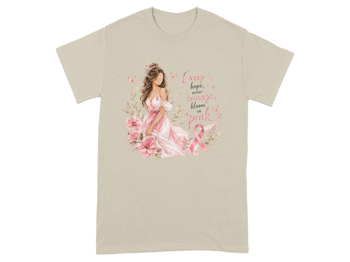 Illustration of woman with flowers and pink ribbon, text reads "Carry hope, wear courage, bloom in pink".