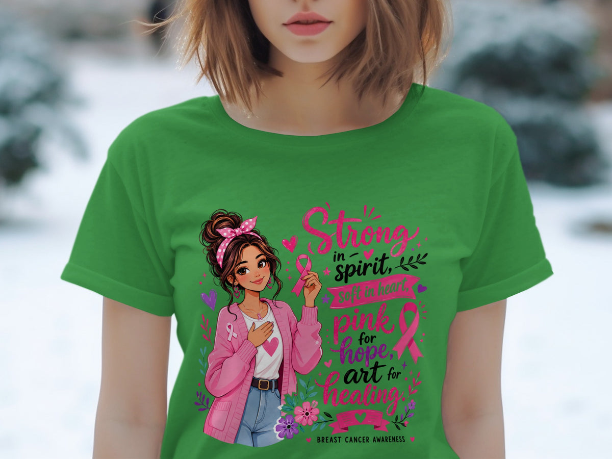 Illustration of a woman with pink ribbon and text: "Strong in spirit, soft in heart, pink for hope, art for healing."