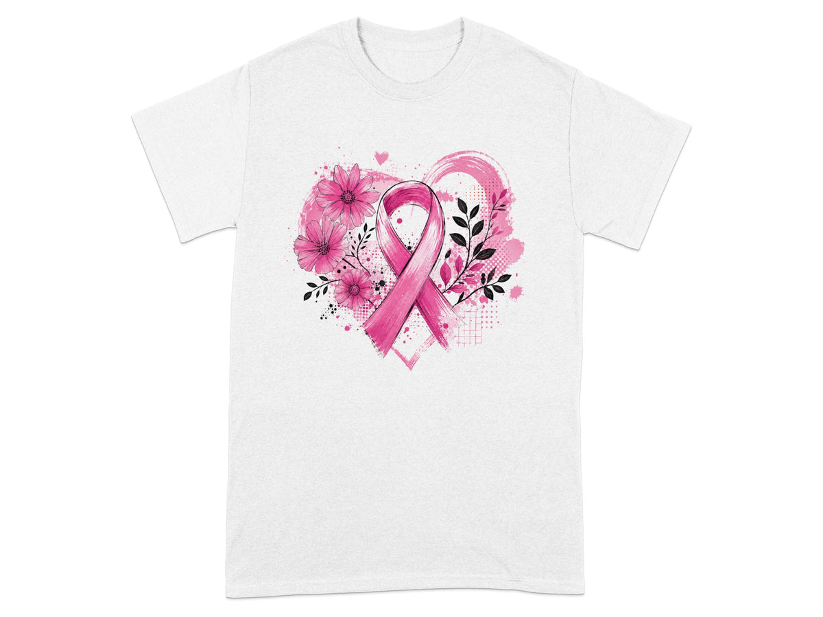 Pink ribbon with flowers and leaves on a white t-shirt.