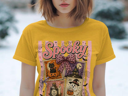 Yellow t-shirt with "Spooky" text and four Halloween-themed postage stamps.