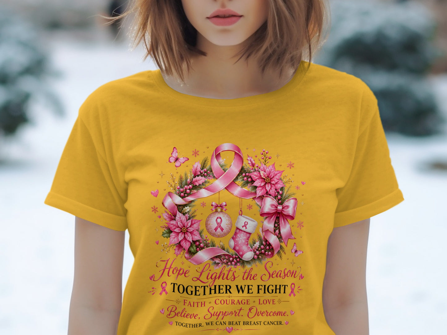 Yellow t-shirt with breast cancer awareness graphic and text.