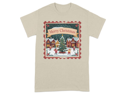 Christmas village scene with children around a tree, "Merry Christmas" banner.