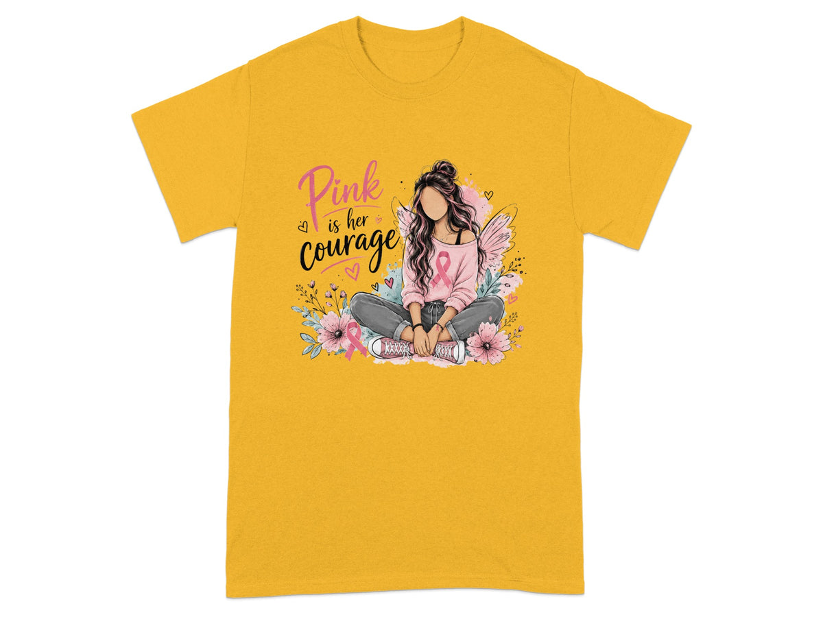 Girl with pink ribbon and wings, surrounded by flowers, text "Pink is her courage".