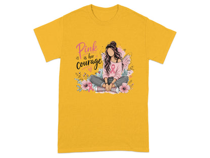 Girl with pink ribbon and wings, surrounded by flowers, text "Pink is her courage".