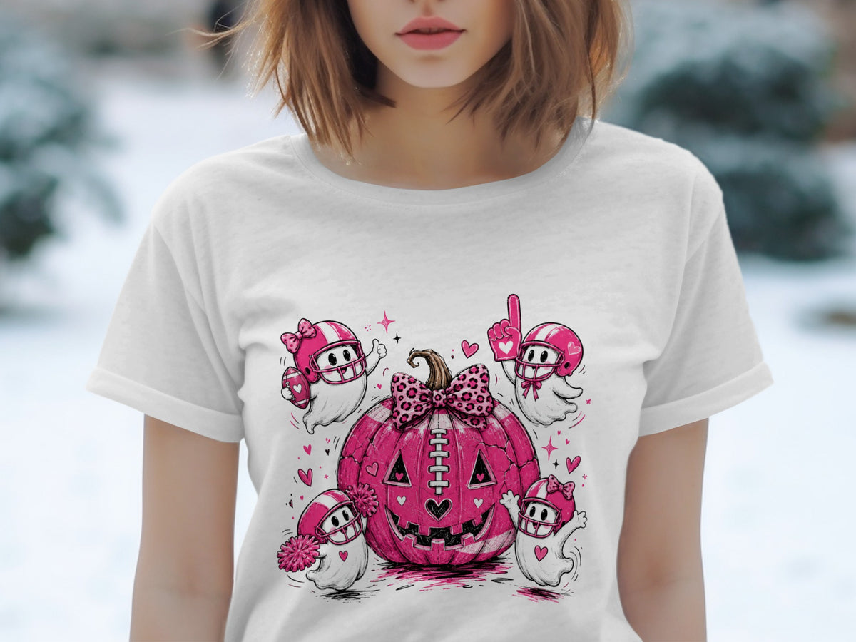 Pink football-themed pumpkin with four ghosts wearing helmets and ribbons.