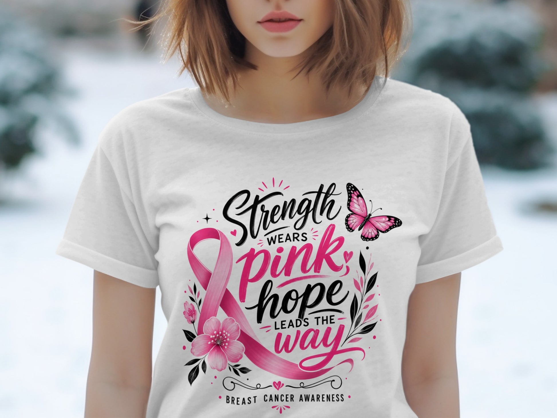 White t-shirt with "Strength, Pink, Hope Leads the Way" Breast Cancer Awareness graphic.