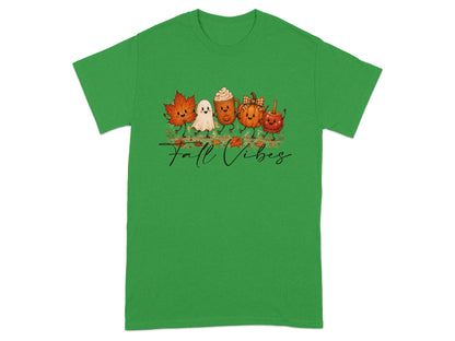 Green t-shirt with "Fall Vibes" text and cartoon autumn characters.
