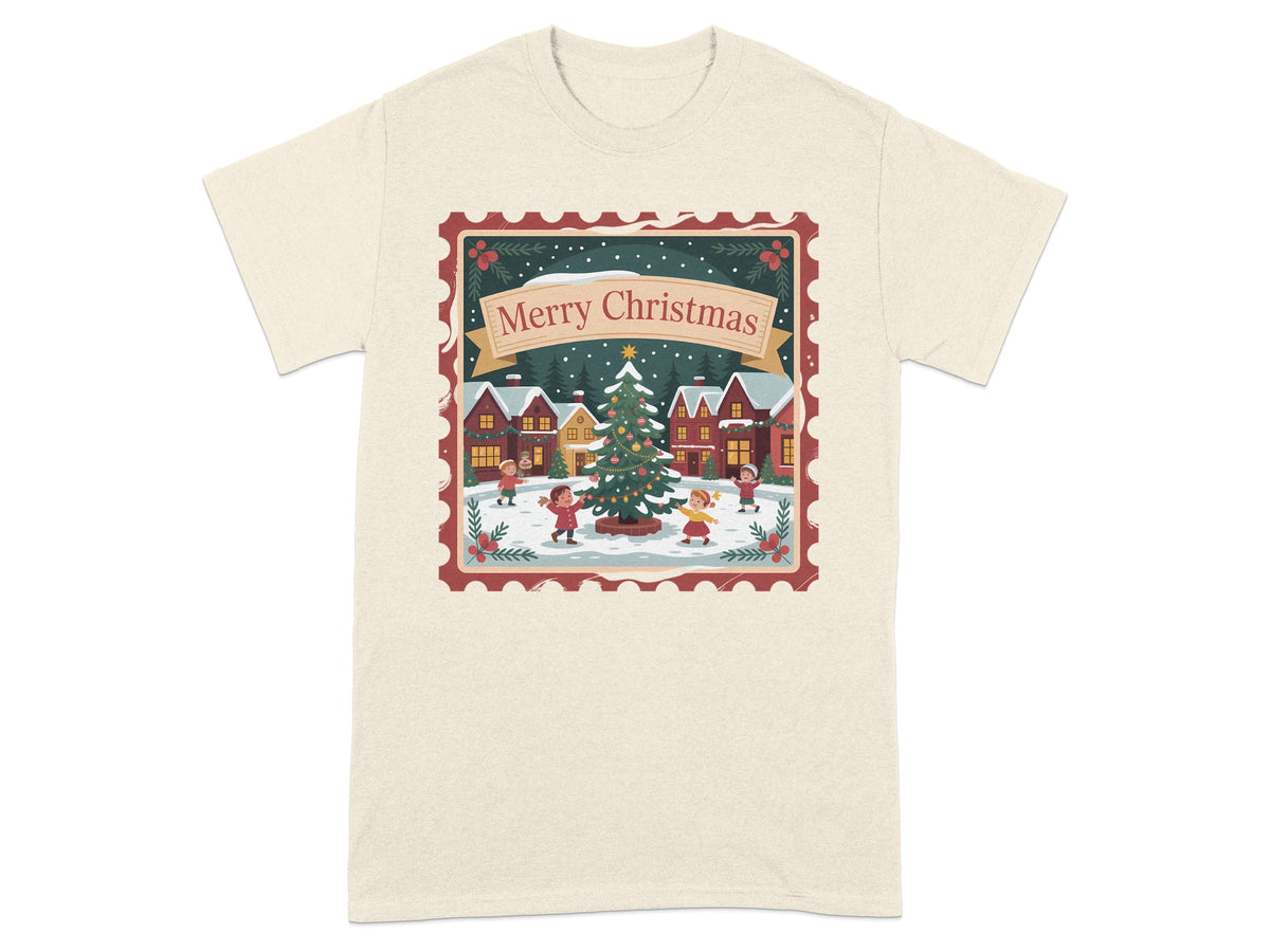 Christmas village scene with children around a tree and "Merry Christmas" banner.
