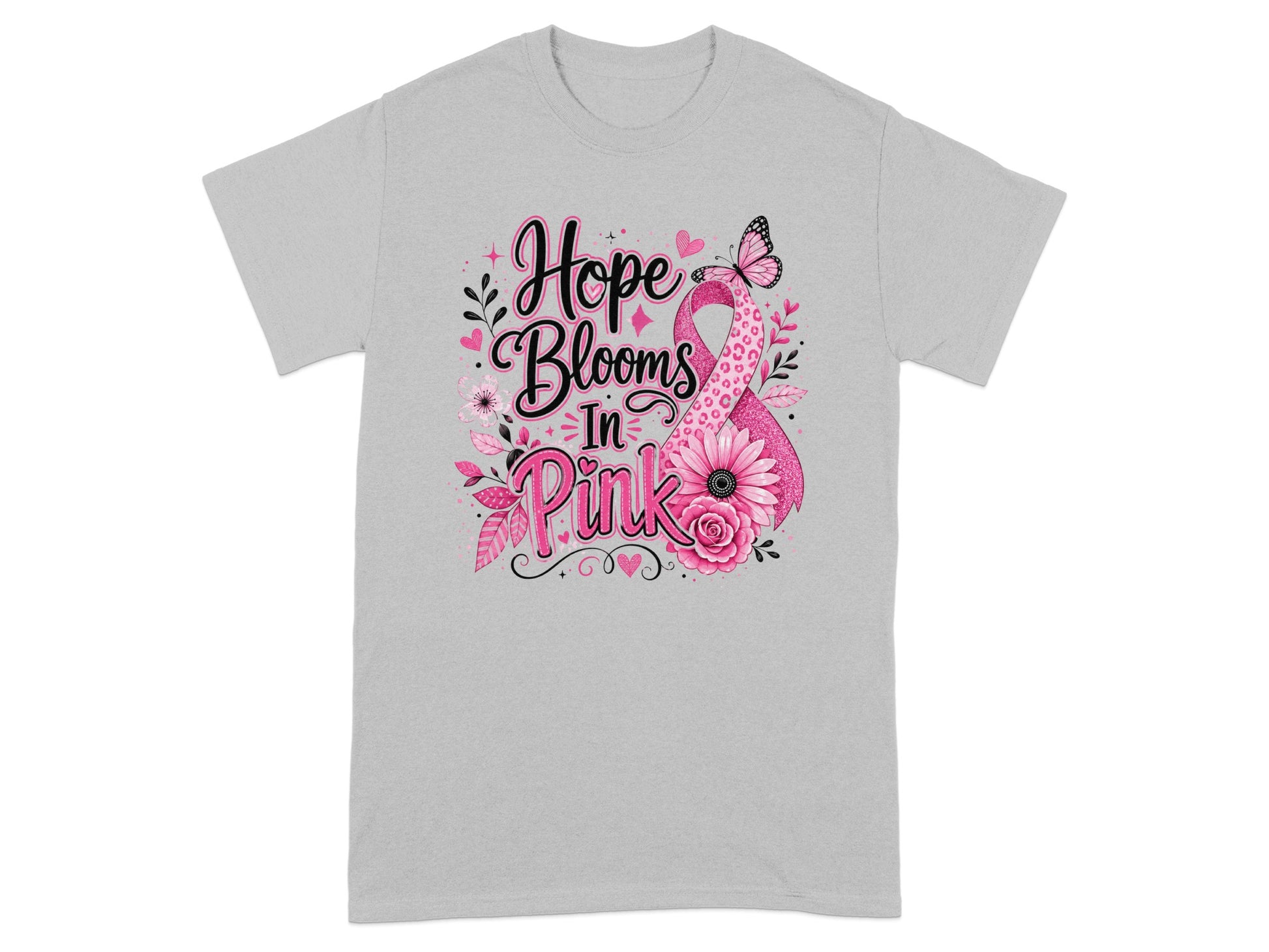 Gray t-shirt with text "Hope Blooms In Pink" and pink ribbon with flowers.