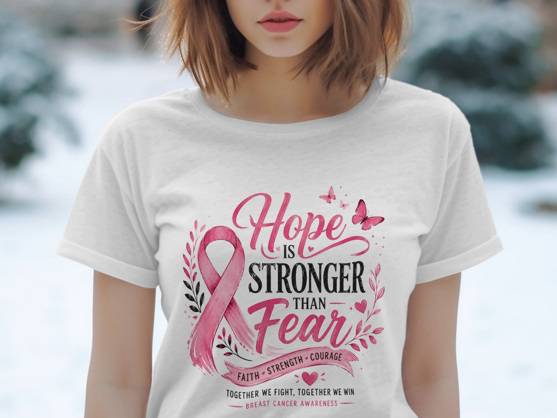 White t-shirt with pink ribbon and text "Hope is Stronger Than Fear" for breast cancer awareness.