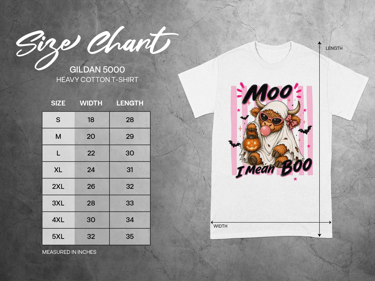 Gildan 5000 size chart for heavy cotton t-shirt with cow Halloween graphic.