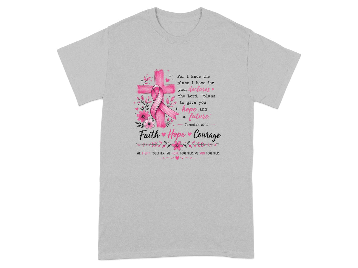 Grey t-shirt with pink cross, ribbon, and Jeremiah 29:11 scripture.