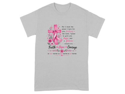 Grey t-shirt with pink cross, ribbon, and Jeremiah 29:11 scripture.