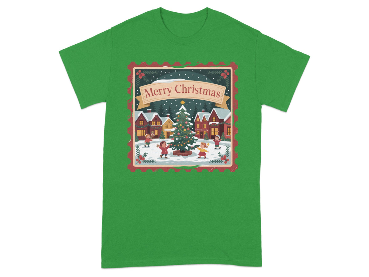 Christmas village scene with children around a tree, "Merry Christmas" text.
