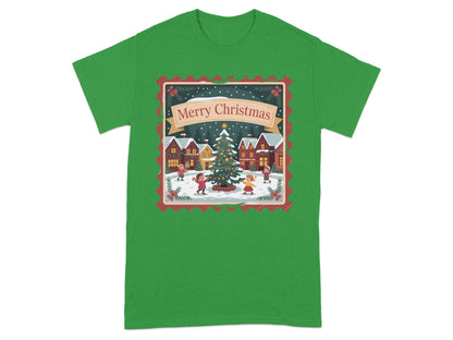Christmas village scene with children around a tree, "Merry Christmas" text.