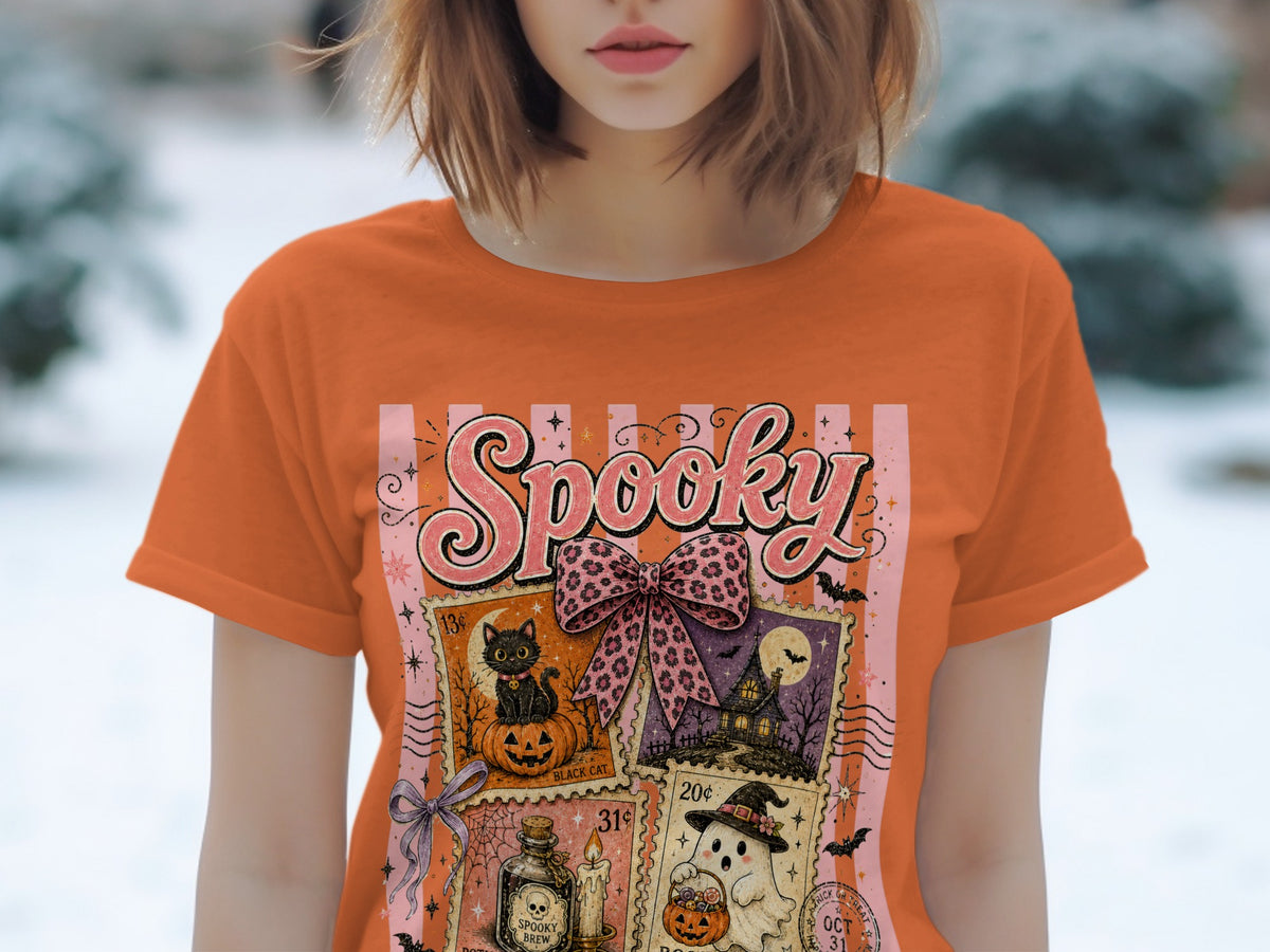 Orange t-shirt with "Spooky" text and four Halloween-themed postage stamps.