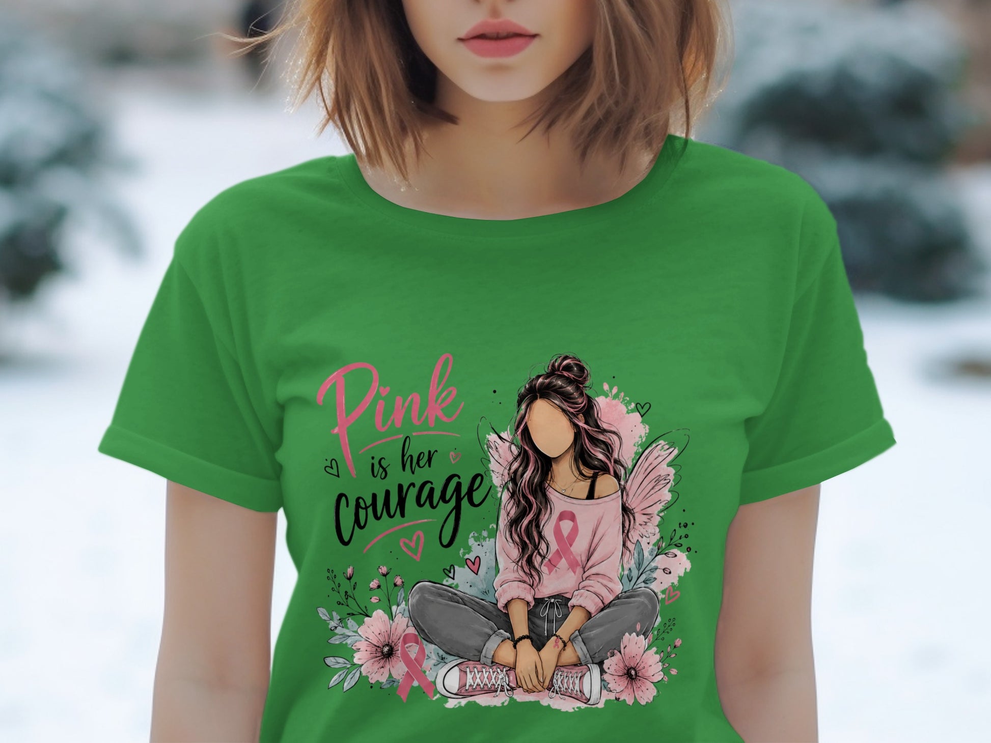 Green t-shirt with "Pink is her courage" and a fairy surrounded by flowers.