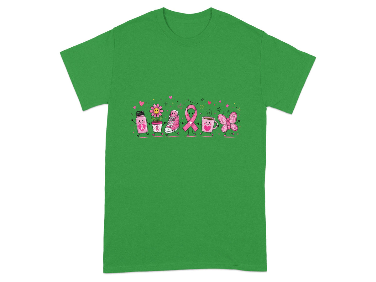 Green t-shirt with a row of cartoon characters featuring a pink ribbon.