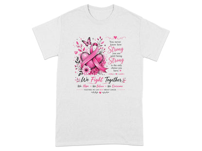 Pink breast cancer ribbon with hearts, flowers, butterfly, and supportive text.