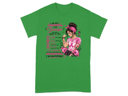 Green t-shirt with "I Am Stronger" text and warrior woman graphic.