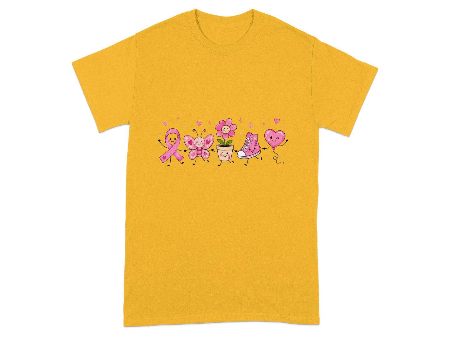 Yellow t-shirt with a cartoon graphic of a pink ribbon, butterfly, flower, sneaker, and heart.