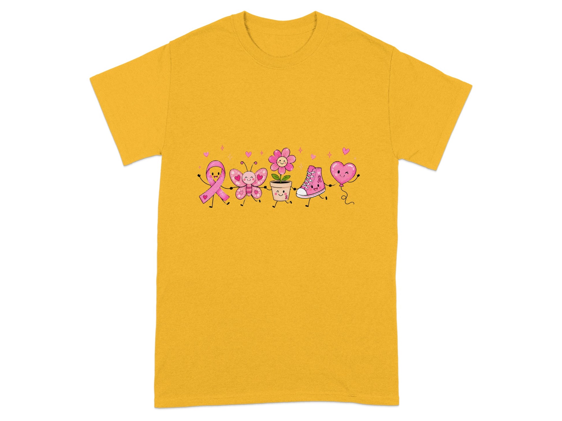 Yellow t-shirt with a cartoon graphic of a pink ribbon, butterfly, flower, sneaker, and heart.