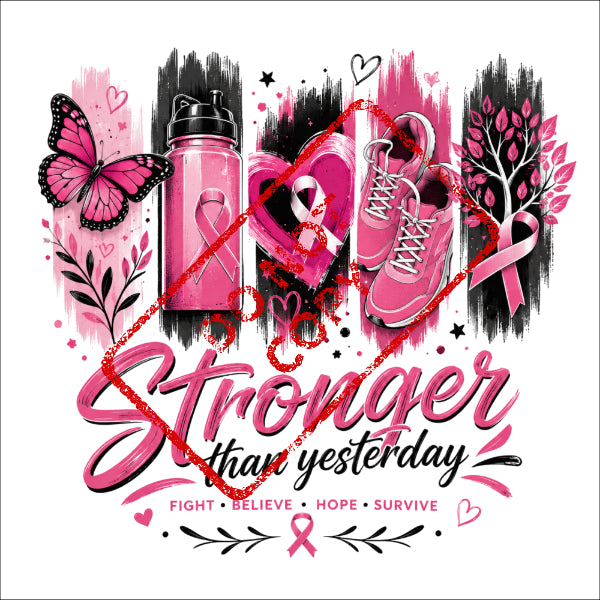 Pink butterfly, water bottle, heart, sneakers, and tree with "Stronger than yesterday" text.