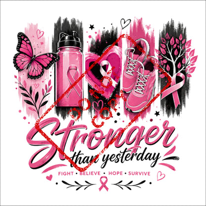 Pink butterfly, water bottle, heart, sneakers, and tree with "Stronger than yesterday" text.