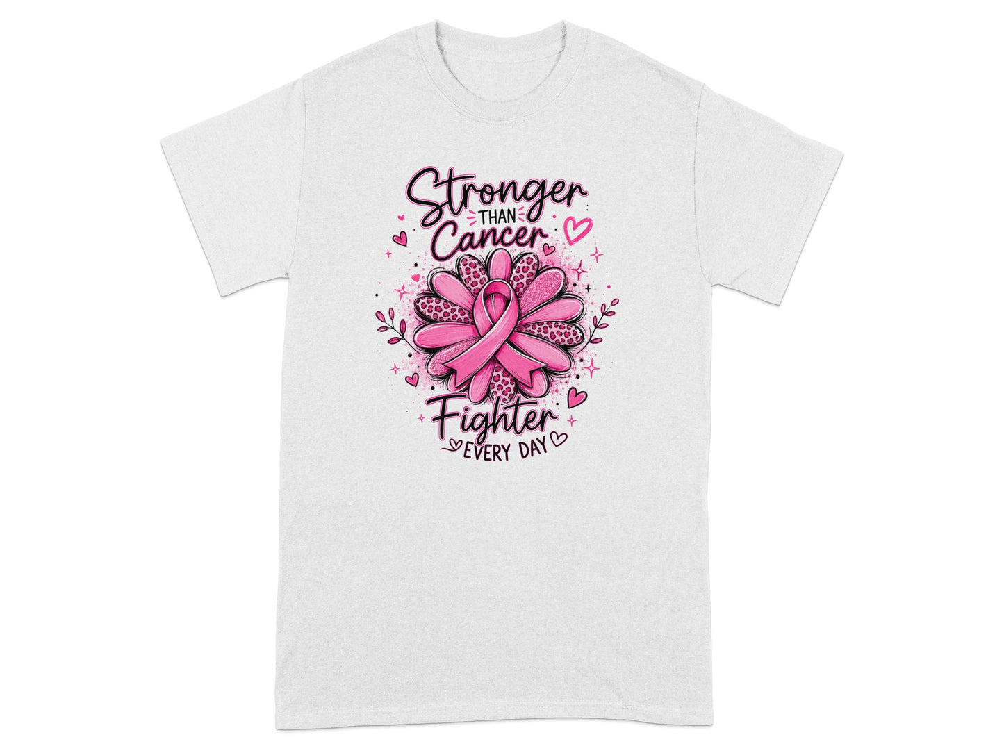 "Stronger Than Cancer" text with a pink ribbon flower and "Fighter Every Day" text.