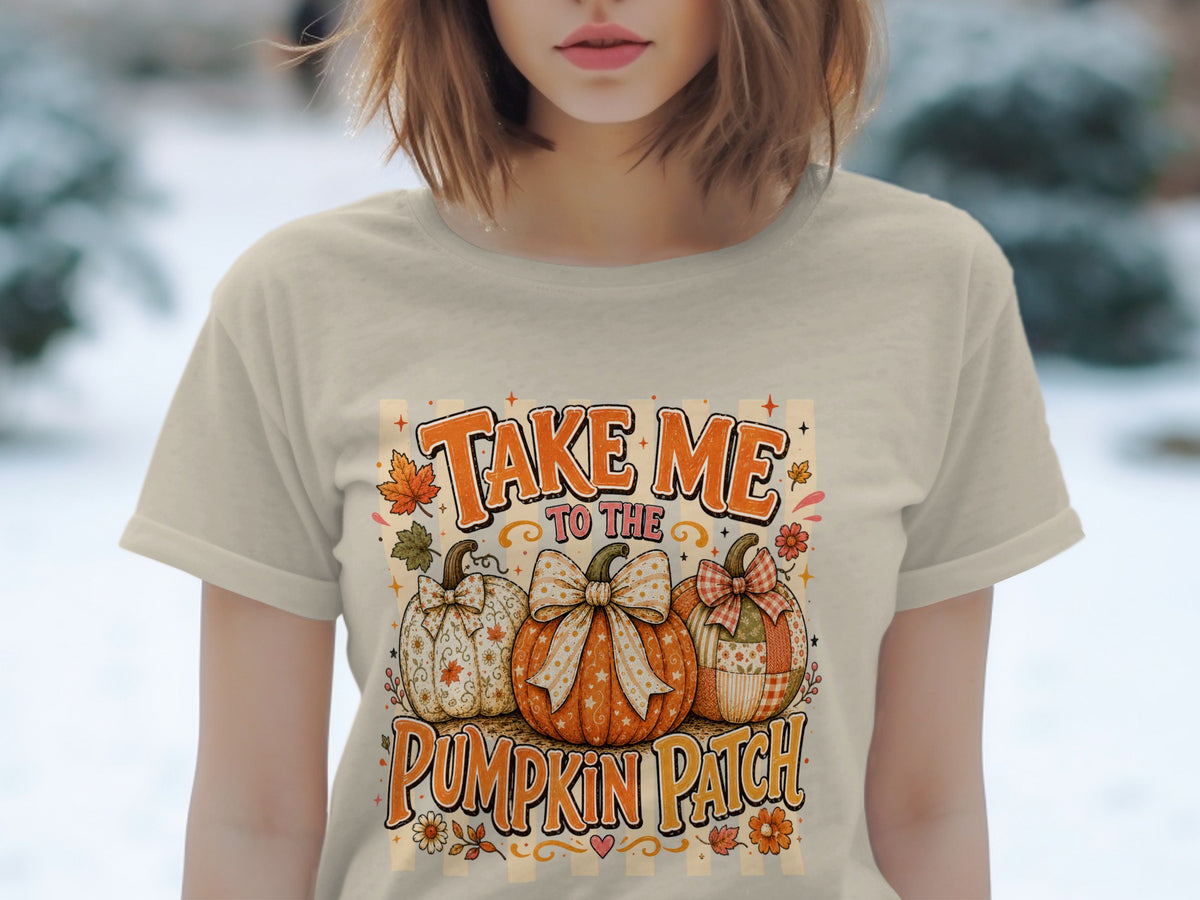 Take Me To The Pumpkin Patch graphic with three decorative pumpkins and autumn leaves.