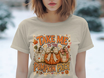 Take Me To The Pumpkin Patch graphic with three decorative pumpkins and autumn leaves.