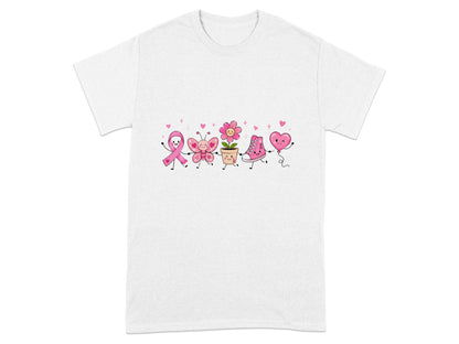 Pink ribbon, butterfly, flower, sneaker, and heart characters walking together.