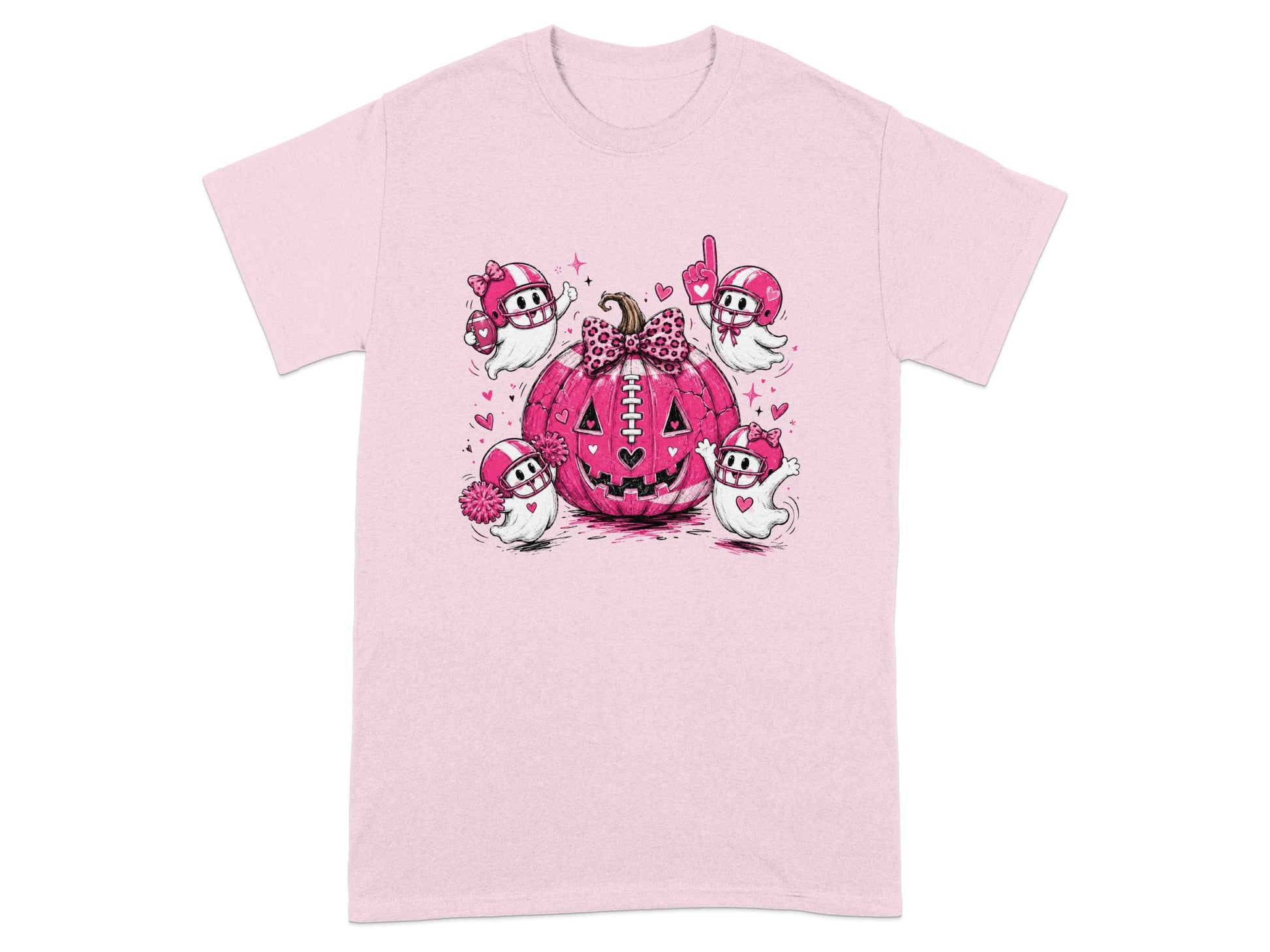 Pink t-shirt with a jack-o'-lantern and four football-themed ghosts.