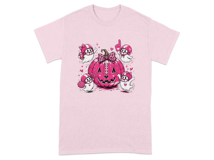 Pink t-shirt with a jack-o'-lantern and four football-themed ghosts.