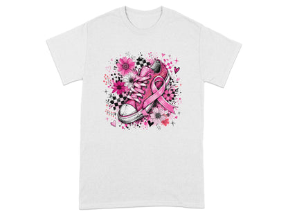 Pink sneaker with a breast cancer ribbon and floral design.