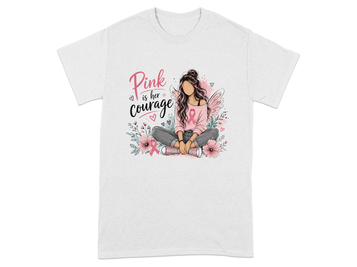 Pink is her courage text with seated woman, pink ribbon, and floral design.