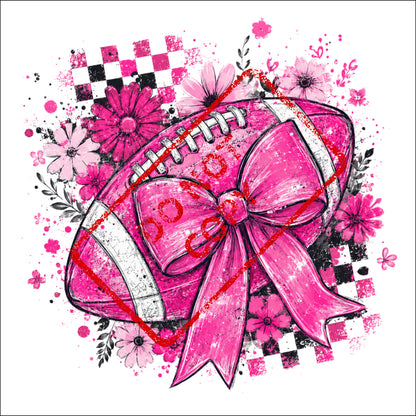 Pink football with bow, flowers, and checkerboard pattern.