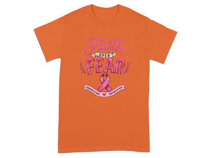 Orange t-shirt with "Faith Over Fear" and breast cancer ribbon design.