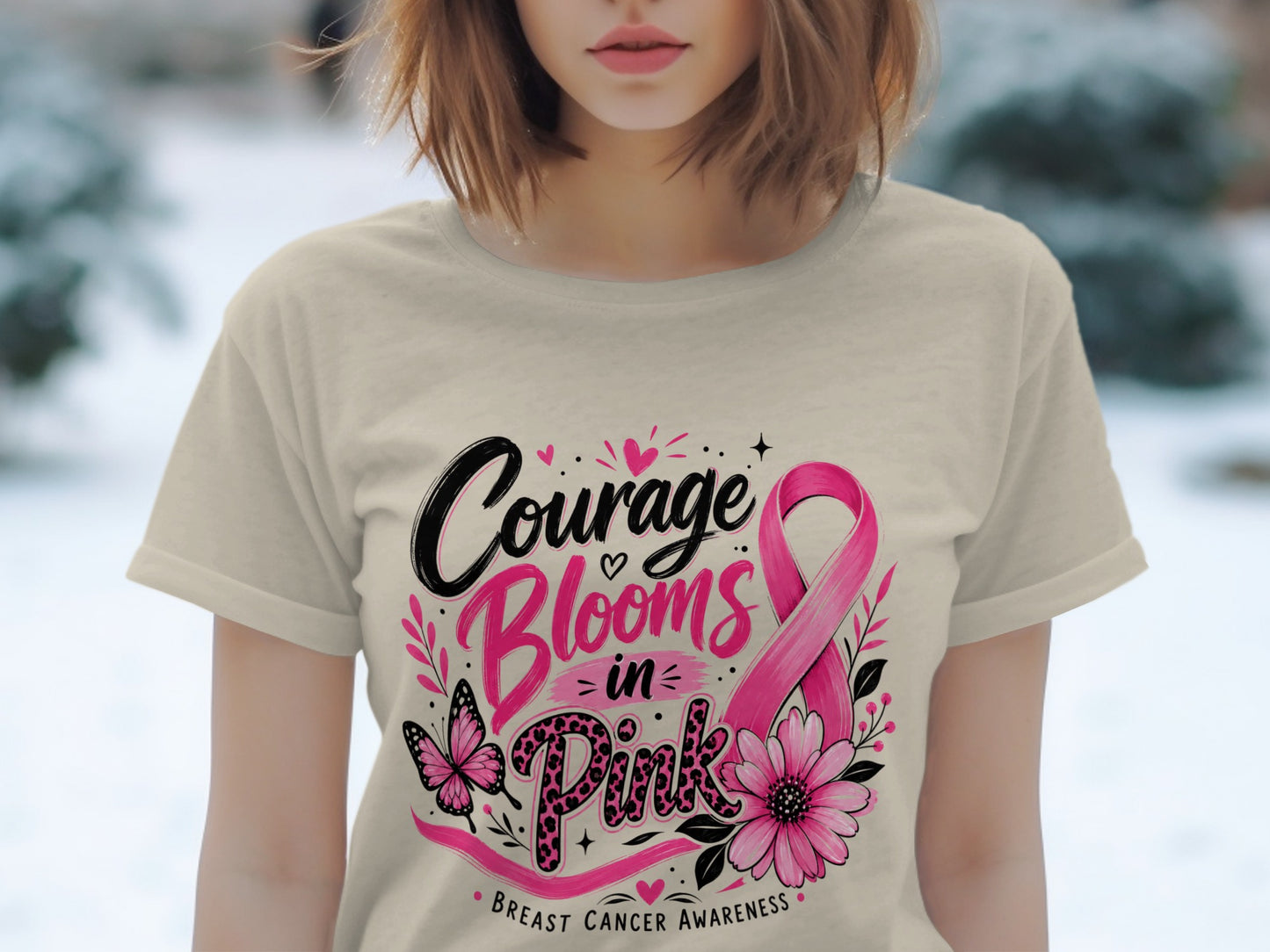Cream t-shirt with pink and black "Courage Blooms in Pink" graphic and butterfly.