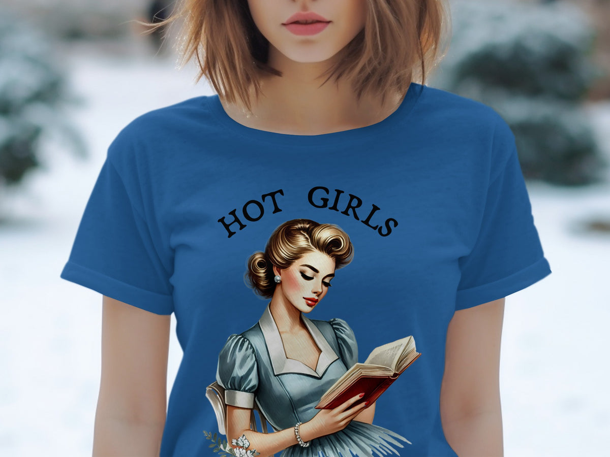 Blue t-shirt with "HOT GIRLS" text and illustration of woman reading a book.