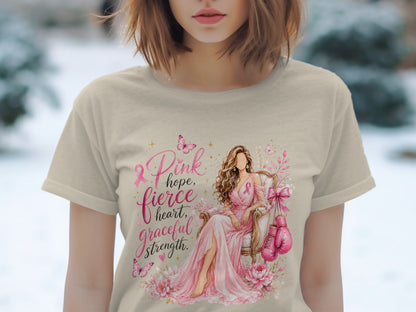 Pink t-shirt with "Pink hope, fierce heart, graceful strength" text and illustration.