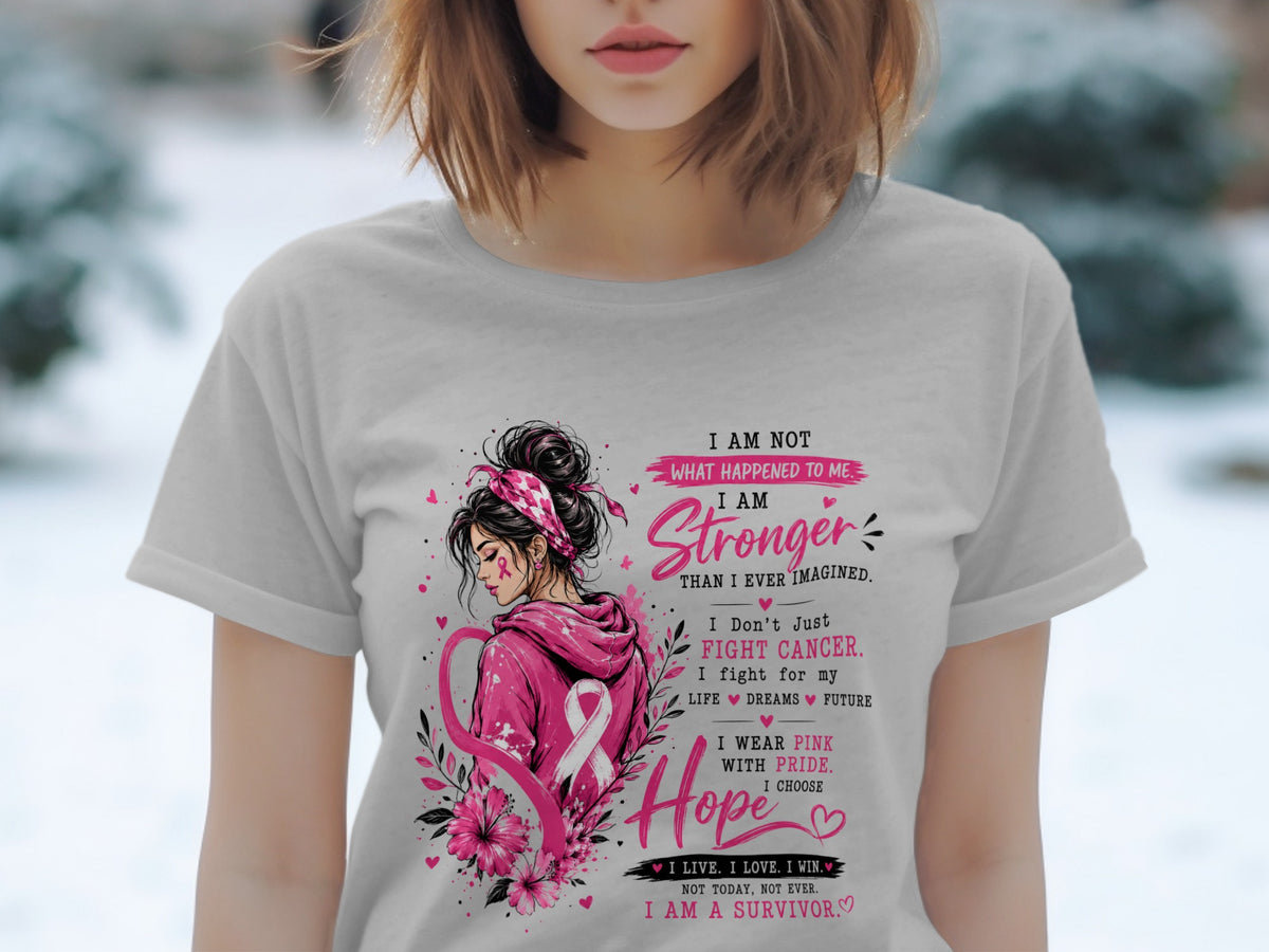 T-shirt graphic with a woman, pink ribbon, flowers, and inspirational text.