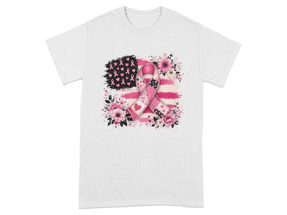 Pink ribbon design on distressed American flag with floral accents.