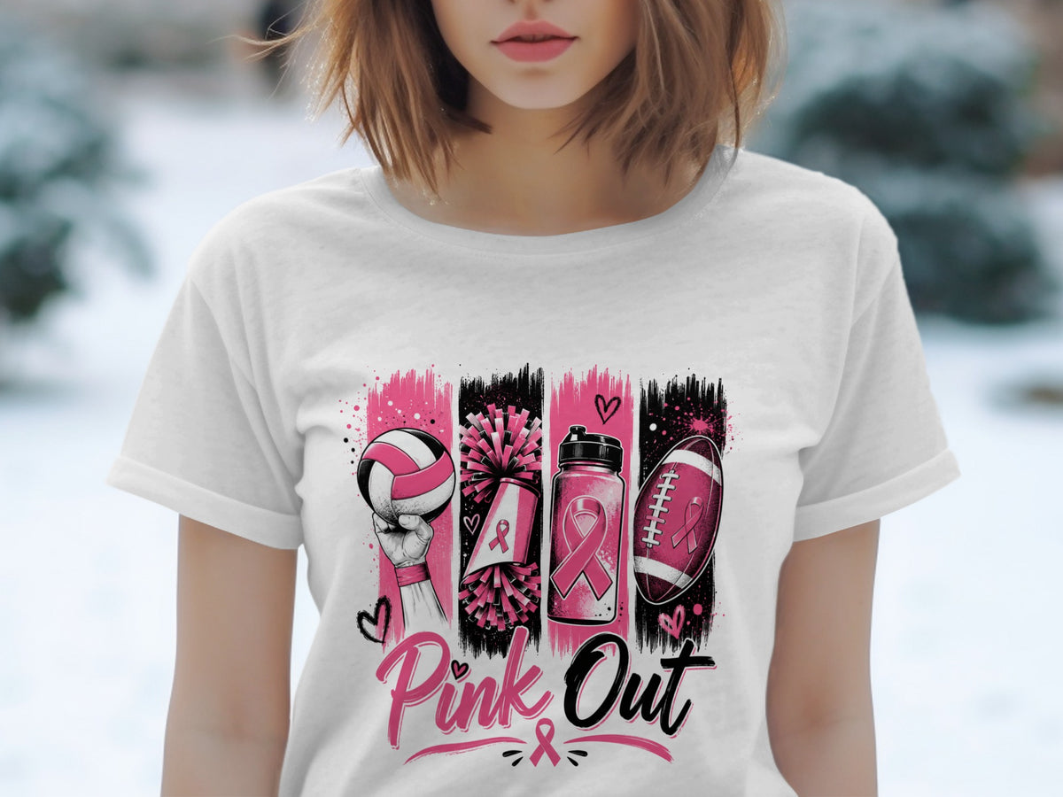 White t-shirt with "Pink Out" graphic featuring sports equipment and breast cancer ribbons.