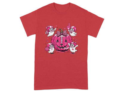 Cute ghosts in football helmets surround a pink jack-o-lantern with a leopard print bow.