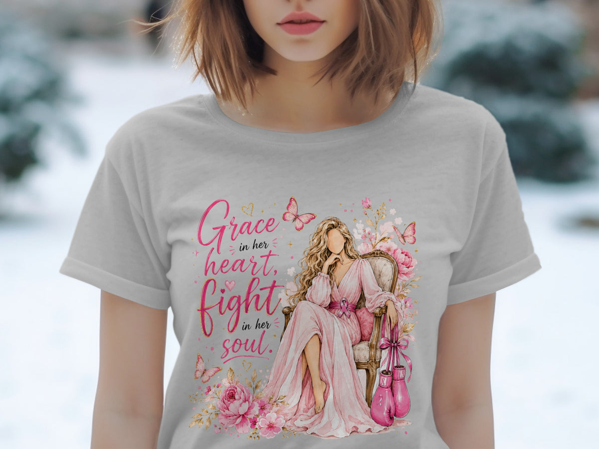 Woman in a pink dress with "Grace in her heart, fight in her soul" text and boxing gloves.