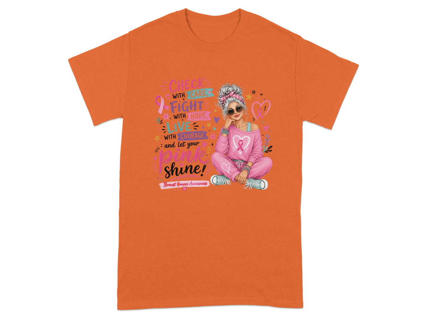 Orange t-shirt with breast cancer awareness graphic featuring text and a seated woman.
